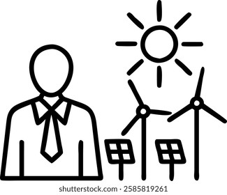 Businessman with wind turbines and solar panels overlay and copy space concept as A soft abstract image shows a businessman overlaid with wind turbines and solar panels symbolizing renewable energy in