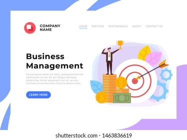 Businessman winner character sending on money. Successful business targeting planning web banner page concept. Vector flat cartoon design graphic illustration