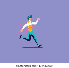 Businessman winner crossing finish line and tearing red ribbon finished. Successful startup and business marathon metaphor. Isolated on purple. Flat Art Vector Illustration
