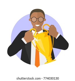 Businessman with winner cup. Simply editable vector illustration