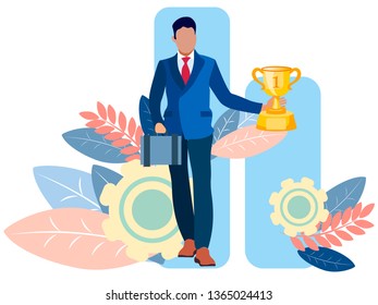 Businessman winner goes with a cup in his hand. In minimalist style Cartoon flat Vector Illustration