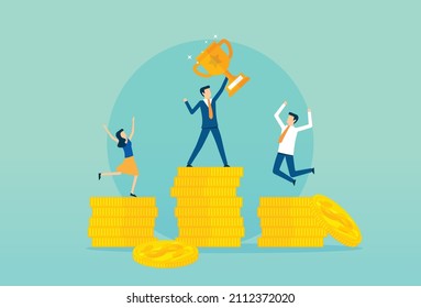 Businessman winner holding cup on the gold podium, runners up, cheering people, economic support, Vector illustration design concept in flat style