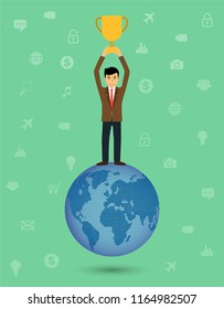 businessman winner holding trophy on the world, vector