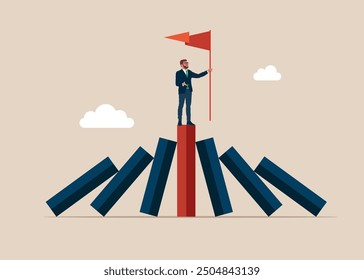 Businessman winner on standing domino chart, takes all, survive in business competition. Flat modern vector illustration. 