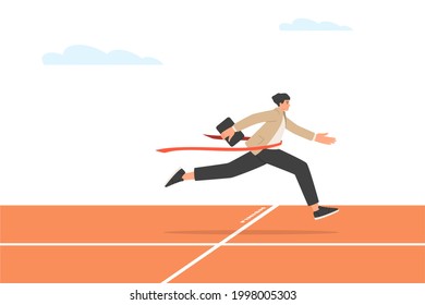 Businessman is the winner in the race. A man at the finish of a treadmill. Business success concept. Vector illustration in trendy flat style