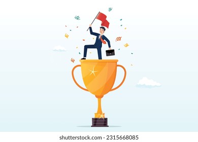 Ganador empresario enarbolando bandera en el trofeo ganador, victoria o logro de negocios, triunfo o galardonado, logro para el éxito de liderazgo, carrera, éxito, concepto de negocio (Vector)