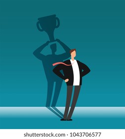 Businessman with winner shadow holding trophy cup. Leadership, achievement and business challenge vector concept. Businessman with cup trophy shadow, winner business competition illustration