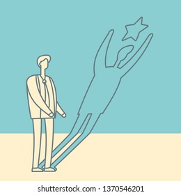 Businessman with winner shadow star linear vector illustration. Leadership, achievement and business challenge success job vintage concept