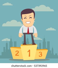 Businessman winner standing in first place on a podium he celebrates his victory vector illustration