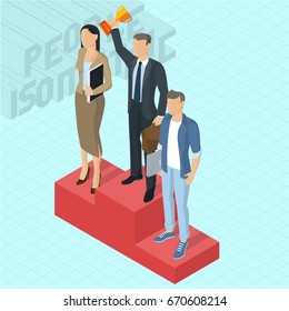 Businessman Winner Standing At The First Place On A Podium Holding Up A Trophy.  Victory Celebration Isometric 3d Vector Illustration