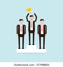 Businessman winner standing on a podium holding up trophy. Vector illustration flat style.