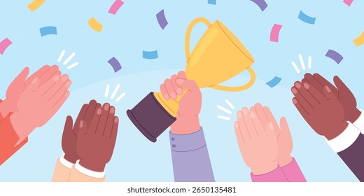 Vencedor do Empresário. Equipe de congratulação líder da equipe ou chefe, colegas aplaudem. Mão segurando troféu ou taça de ouro, conceito de vetor de rato plano