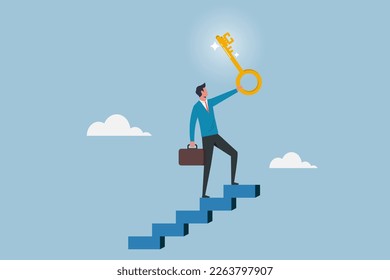 Businessman winner walk up to the top of stairway lifting golden success key to the sky, key to business success, stairway to find big success or achieve career target concept