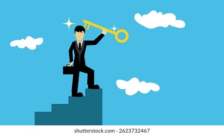 Businessman winner walk up to top of stairway lifting golden success key to the sky
