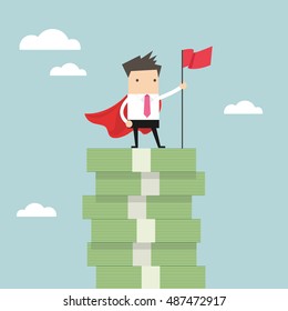 Businessman with winners flag standing on money stairs. vector