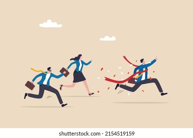 Businessman winning race celebrate victory at finish line, business success or achievement, skill or effort to succeed in work, motivation to win competition concept.