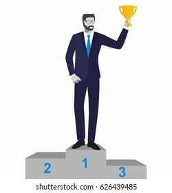Businessman winning trophy. Businessman or manager standing on the winners podium with prize cup in his hand. Vector, illustration