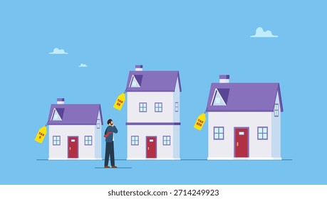 Hombre de negocios sabiamente piensa en elegir diferentes casas variantes con etiqueta de Precio. Cálculo de la asequibilidad de la casa o hipoteca, eligiendo una nueva base de vivienda según el presupuesto, los ingresos o el estilo de vida.