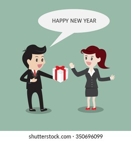 businessman wishes businesswoman happy new year with gift.