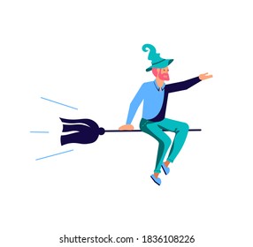 Businessman in witch hat flying on the magic broomstick. Isolated on white background. Flat Art Vector Illustration