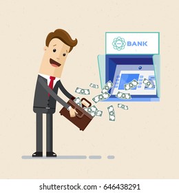 Businessman withdrawing money from ATM . Business man in the suit stands near ATM  and take cash money  in his briefcase. Vector, illustration, flat