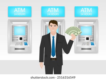 Businessman Withdrawing Money from ATM. Vector Illustration.