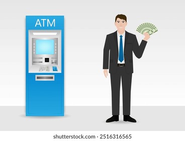 Businessman Withdrawing Money from ATM. Vector Illustration.