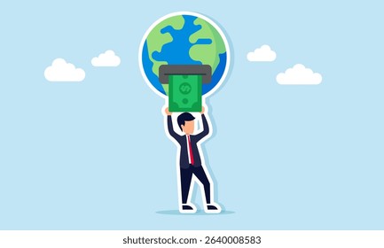 Businessman withdrawing money from Earth shaped like an ATM illustration of business exploiting natural resources of the planet