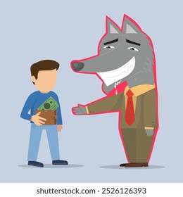 Hombre de negocios lobo en un traje. Plano, Vector, ilustración, dibujos animados, EPS10. 