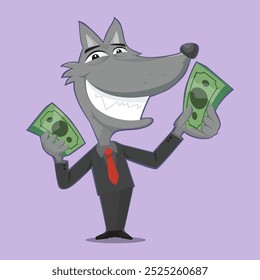 Hombre de negocios lobo en un traje con dinero. Plano, Vector, ilustración, dibujos animados, EPS10.