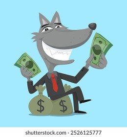 Hombre de negocios lobo en un traje con dinero se sienta en sacos de dinero. Plano, Vector, ilustración, dibujos animados, EPS10.