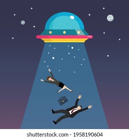 Businessman and woman abducted by UFO. Flat style vector illustration
