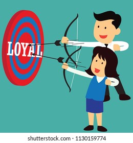 businessman and woman aiming bow with arrow to target board as symbol of  business target. vector illustration