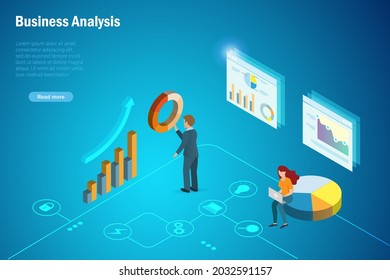 Businessman and woman analysing business growth and sales profit from virtual graph chart. Smart technology develop success solution in business and financial investment. Isometric view.