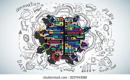 Businessman and woman brainstorm with  brain,plan,think,search,analyze,communicate, futuristic idea innovation technology modern.vector