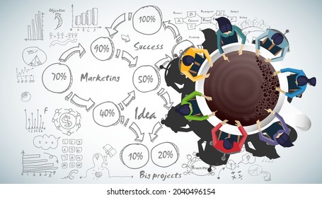 Businessman and woman brainstorm success with  Coffee cup,  plan,think,search,analyze,communicate, futuristic idea innovation technology modern.vector
