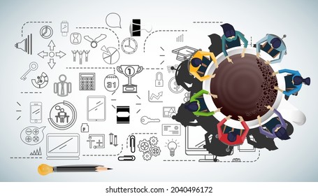 Businessman and woman brainstorm success with  Coffee cup,  plan,think,search,analyze,communicate, futuristic idea innovation technology modern.vector

