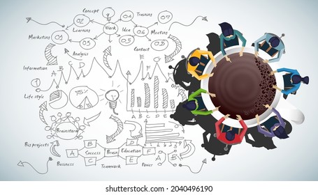 Businessman and woman brainstorm success with  Coffee cup,  plan,think,search,analyze,communicate, futuristic idea innovation technology modern.vector
