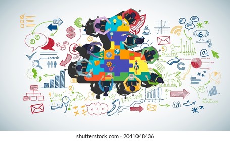 Businessman and woman brainstorm success with  jigsaw human head,  plan,think,search,analyze,communicate, futuristic idea innovation technology modern.vector