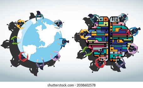 Businessman and woman brainstorm success with word,brain,plan,think,search,analyze,communicate, futuristic idea innovation technology modern.vector