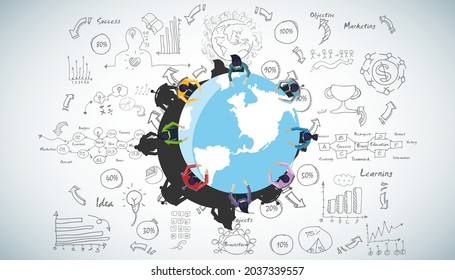 Businessman and woman brainstorm success with word,plan,think,search,analyze,communicate, futuristic idea innovation technology modern.vector