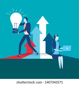 businessman and woman bulb idea laptop arrows growth business success vector illustration