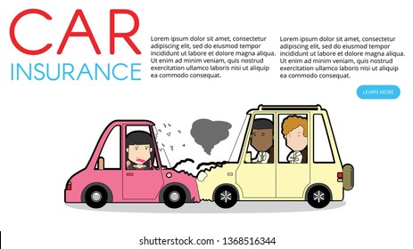 businessman and woman car crash. Two cars hit head-on. Funny flat vector concept.