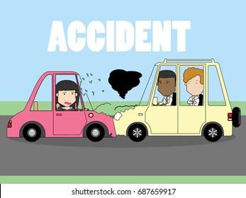 businessman and woman car crash. Two cars hit head-on. Funny flat vector concept.