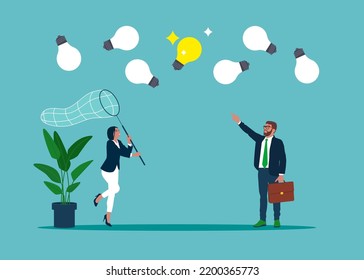 Businessman and woman catching ideas with a butterfly net. Flat vector  illustration.