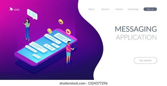 Businessman and woman and chatting conversation on smartphone with emoticons. Messaging application, mobile chat app, messenger mobile soft concept. Isometric 3D website app landing web page template