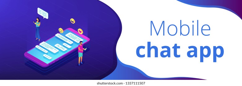 Businessman and woman and chatting conversation on smartphone with emoticons. Messaging application, mobile chat app, messenger mobile soft concept. Isometric 3D banner header template copy space.