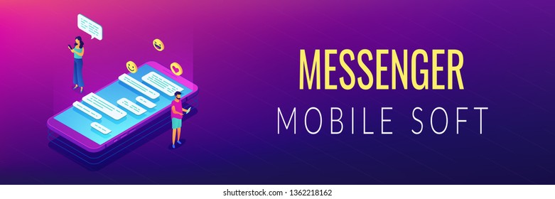 Businessman and woman and chatting conversation on smartphone with emoticons. Messaging application, mobile chat app, messenger mobile soft concept. Isometric 3D banner header template copy space.