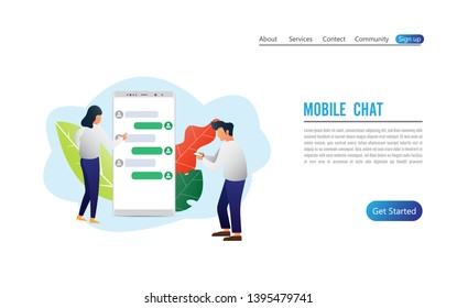 Businessman and woman and chatting conversation on smartphone. Messaging application, mobile chat app, messenger mobile concept. illustrator vertor.