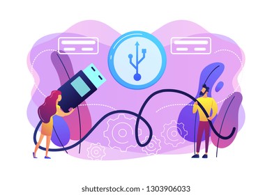 Businessman and woman choosing port to insert cable and USB symbol. USB connection, USB port standard, digital data communications concept. Bright vibrant violet vector isolated illustration